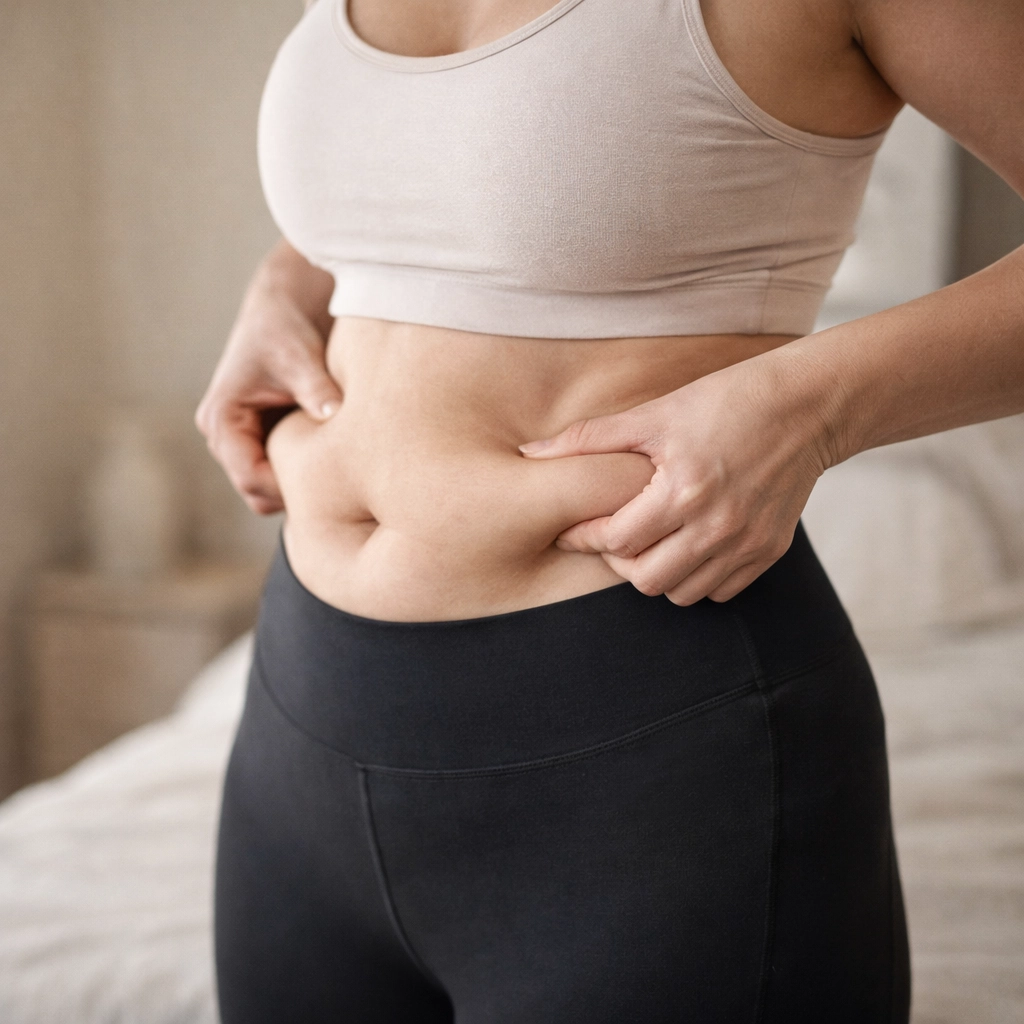 Mujer pellizcando grasa abdominal y llantitas en su cintura, mostrando preocupación por grasa localizada rebelde que requiere masaje reductor