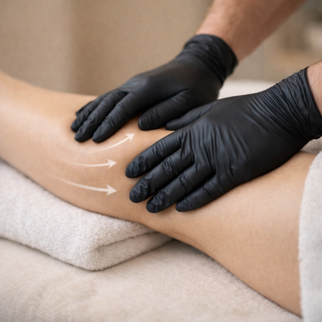 Manos con guantes negros realizando masaje de drenaje linfático manual en pierna, con movimientos ascendentes desde tobillo hacia rodilla