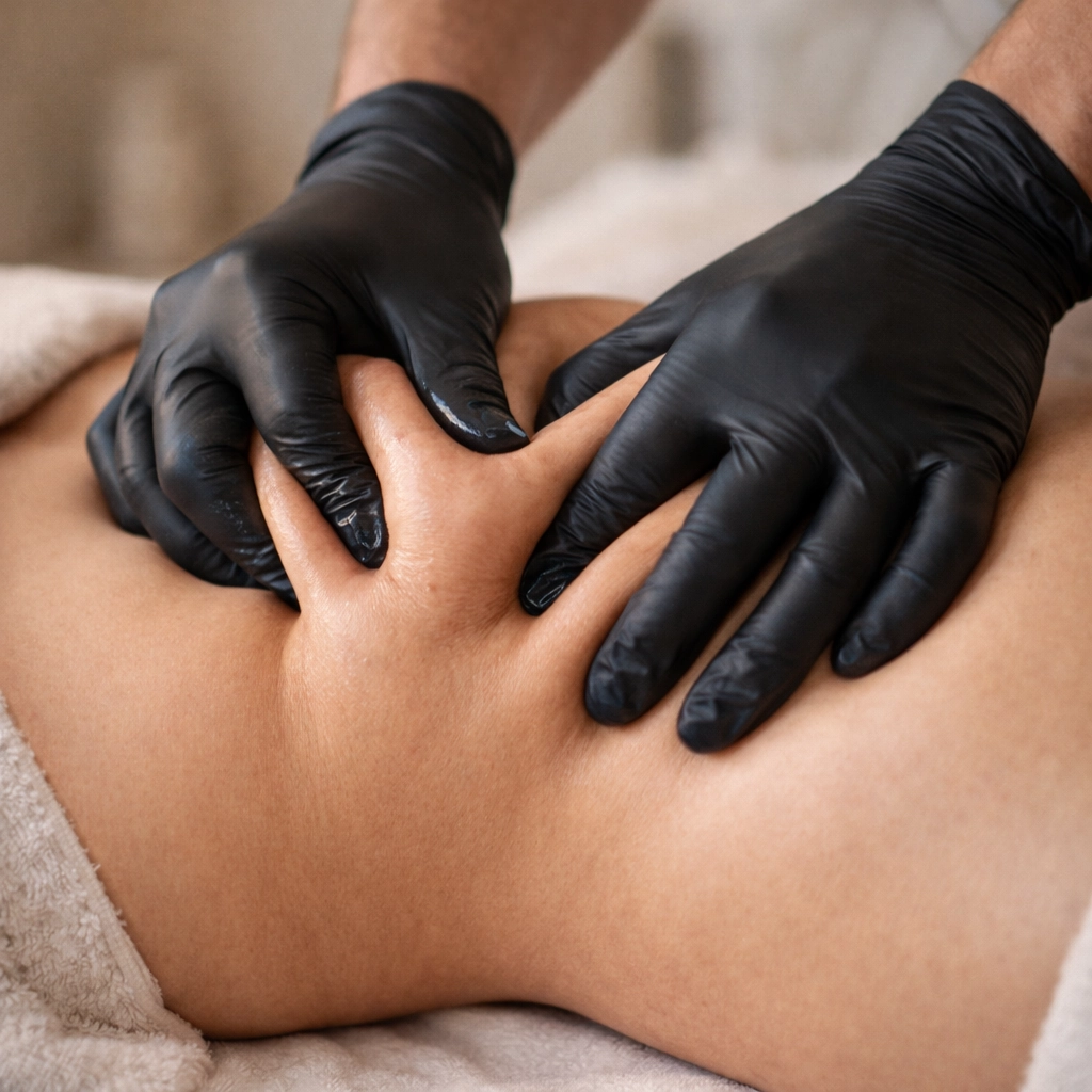 Manos aplicando técnica intensa de amasamiento profundo y manipulación de tejido adiposo abdominal en masaje reductor profesional